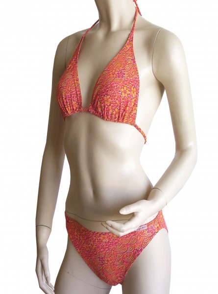 Neckholder-Triangel-Bikini durchbräunend Gr. 38 B-Cup Blüten in rot/orange