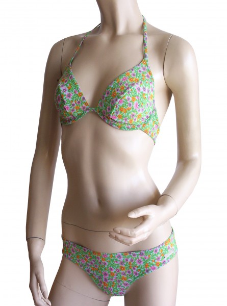 Neckholder-Bügel-Bikini durchbräunend B-Cup orange/lila Blumen auf grün